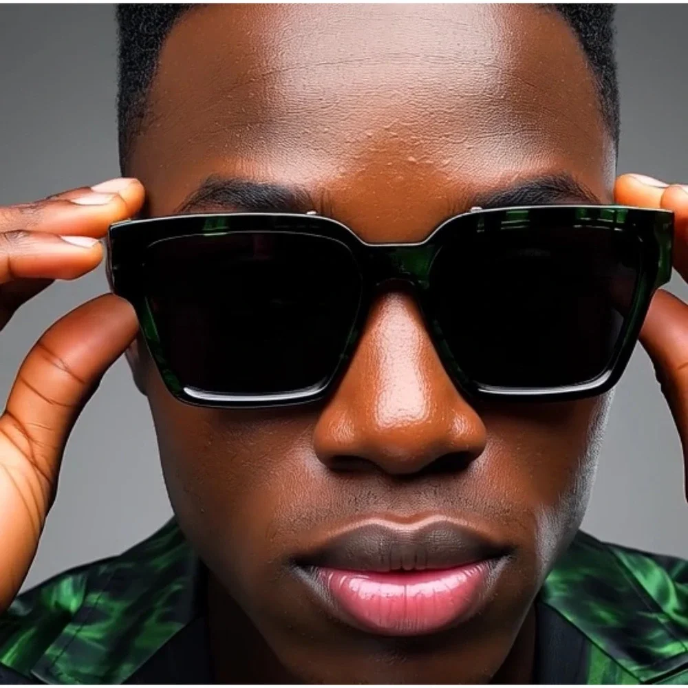 Men's Square Frame Sunglasses Green Fashion Shades Hip Hop Cholo Dark Black Lens